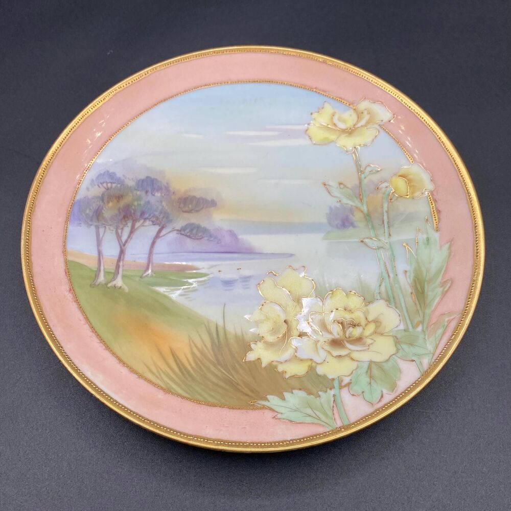 Antique Morimachi Nippon Plate: Pastel Lake Scene with Gold Moriage, 7.75"